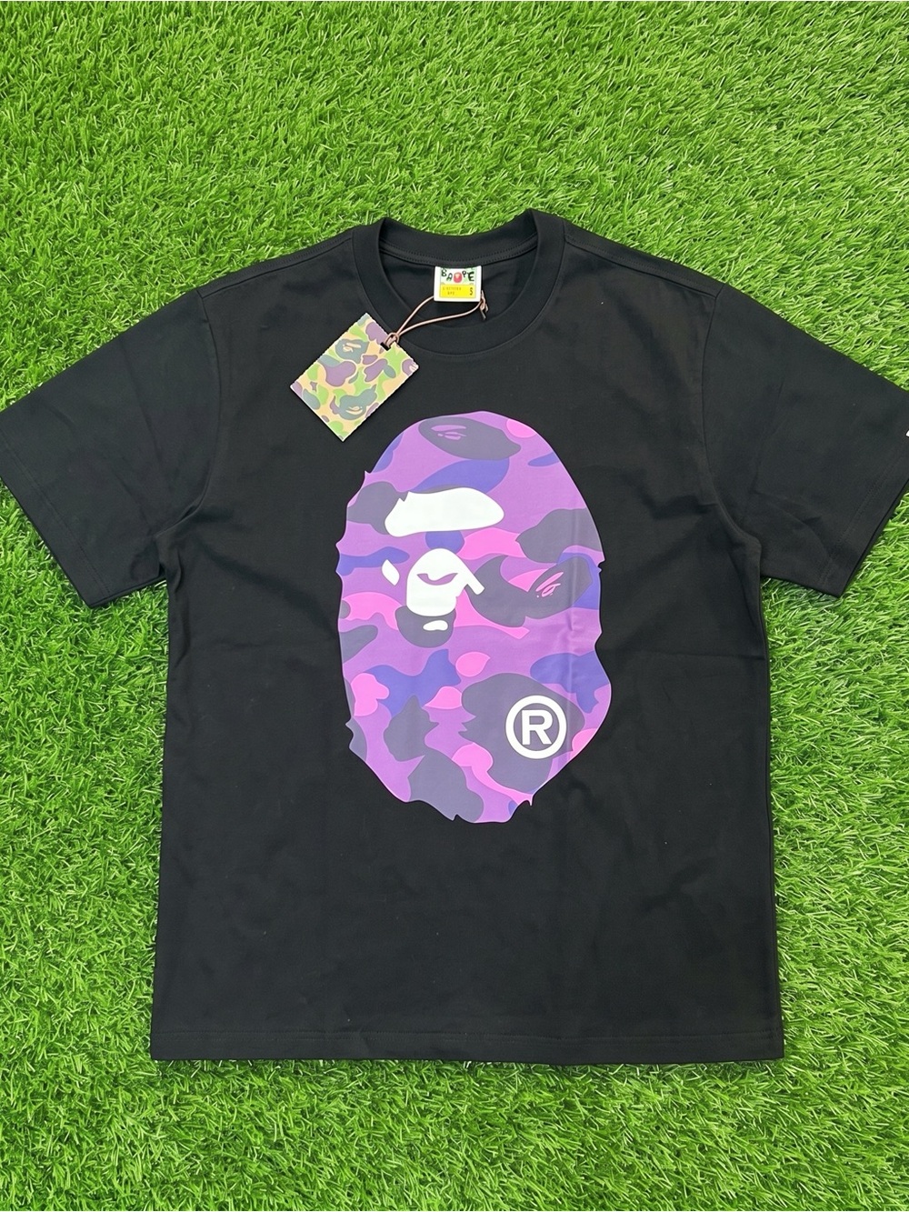 Bape Black Tee with Purple Camo Ape Head Graphic